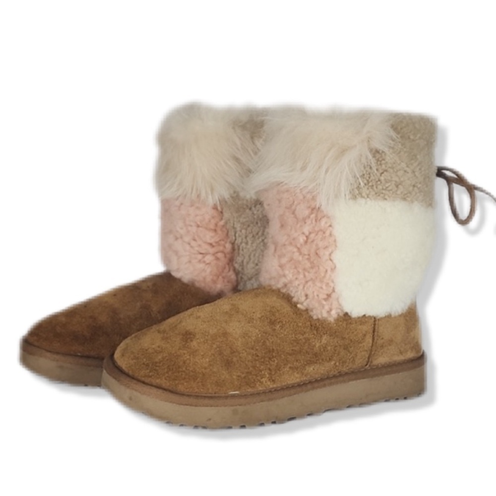 Ugg Classic Patchwork Pink And White Fur Lace Up … - image 1